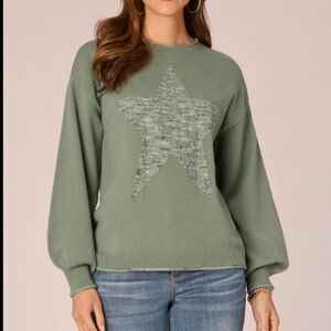 New Democracy Sz L Green Space Dye Star Long Blouson Sleeve Sweater Boho Slouchy